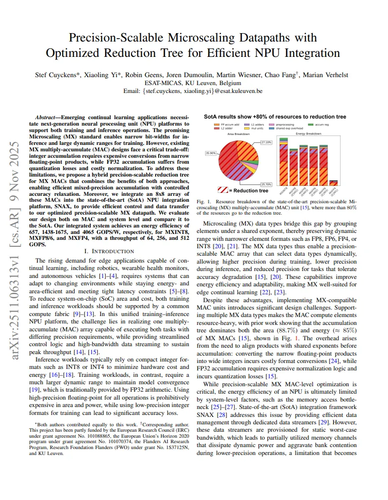 First page of “Precision-Scalable Microscaling Datapaths with Optimized Reduction Tree for Efficient NPU Integration”.